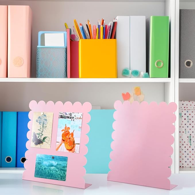Gueevin 2 Pcs Magnet Board Standing Magnetic Metal Board for Desk and Wall Scalloped Magnetic Display Stand for Memos Photos and Documents Home Office School Desk Storage Decoration(Pink,Medium)