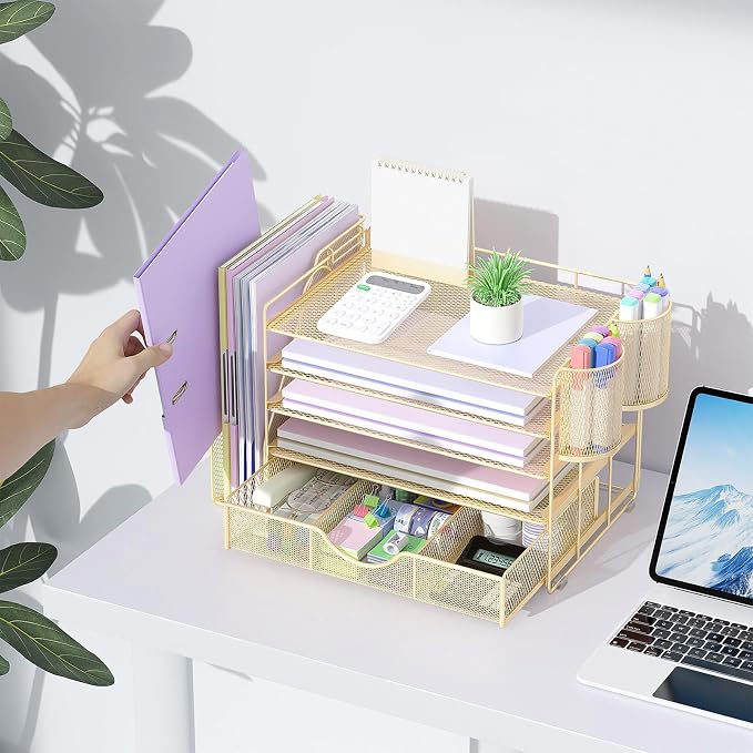 gianotter 5-Tier Desk Organizer with Drawers and File Holders | Letter Trays and Pen Holders - Workspace Accessories for Office Supplies (Gold)