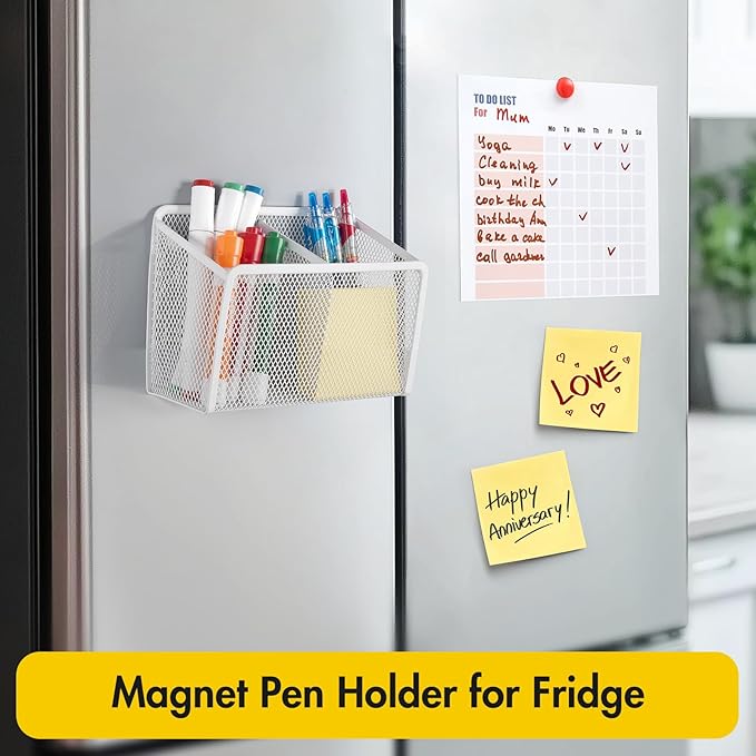 BEYGORM Magnetic Dry Erase Marker Holder for Whiteboard, Mesh Pen & Pencil Holder for Refrigerator, Strong Magnetic Basket for School Locker, Office & Classroom Organizer (White, 1-Pack)