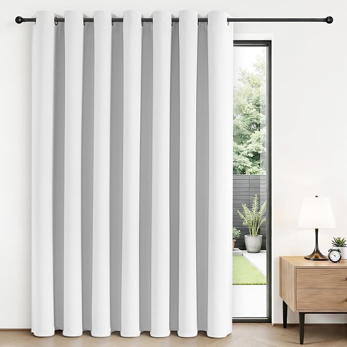 Joydeco Blackout Patio Sliding Door Curtains 108 Inches Long, Grommet Privacy Room Divider Curtains, Extra Wide Thermal Blackout Drapes for Bedroom Living Room (Pure White, 100Wx108L, 1 Panel)