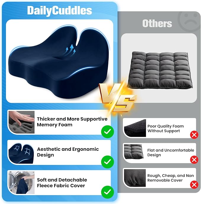 Seat Cushion, Chair Cushions, Memory Foam Office Chair Cushion | Hip & Sciatica & Tailbone Pain Relief, Long Sitting Comfort for Office Chairs/Desk Seats/Wheelchair (Large, Blue)