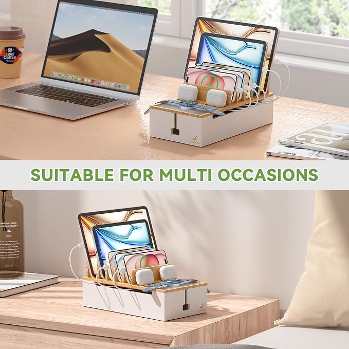 Pezin Hulin Multi Devices Charging Station - Natural +White | with USB Power Adapter, and 6 Wire Cables - Cord Organizer Management, Cell Phone Charger Dock Stand, Desktop Cord Hider Box