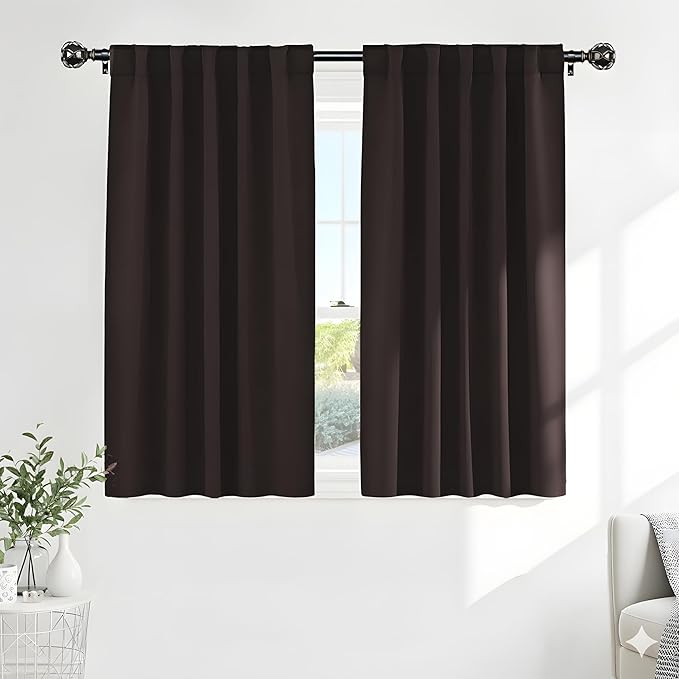 PONY DANCE Black Out Curtains 48 inch Long for Short Small Window, Rod Pocket and Back Tab Thermal Insulated Room Darkening Curtains for Kitchen/Cabinet/Basement(2 Panels, W42 x L48 inch, Brown)