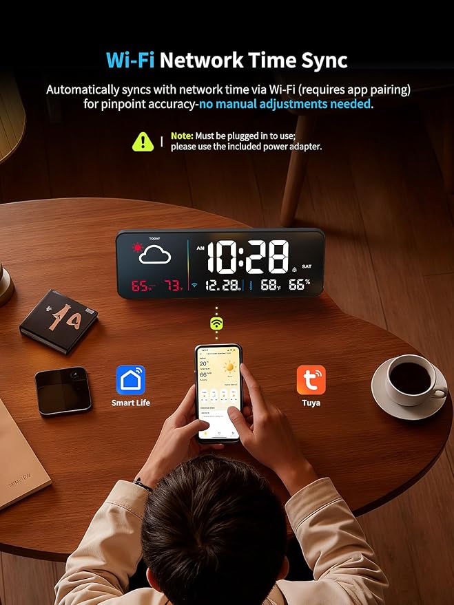 Digital Wall Clock, Digital Clock Large Display with Network Auto-Synced, Corded Smart LED Alarm Clocks Real-Time Shows Weather, Indoor/Outdoor Temp Humidity for Living Room Bedroom Classroom Office