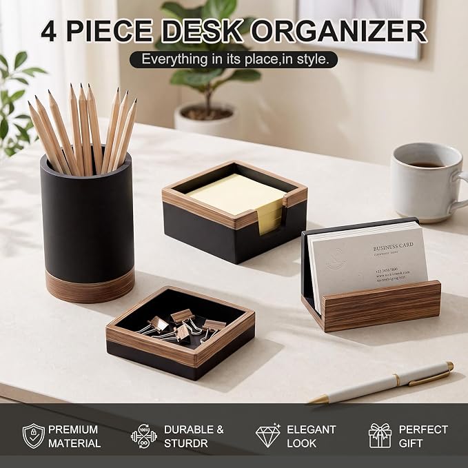 Set of 4 Modern Aesthetic Desk Accessories Organizer Set Minimalist Neutral Home Office Decor Desk Supplies for Men-Pen, Business Card Holder, Sticky Note, Paper Clip Holder (Black)