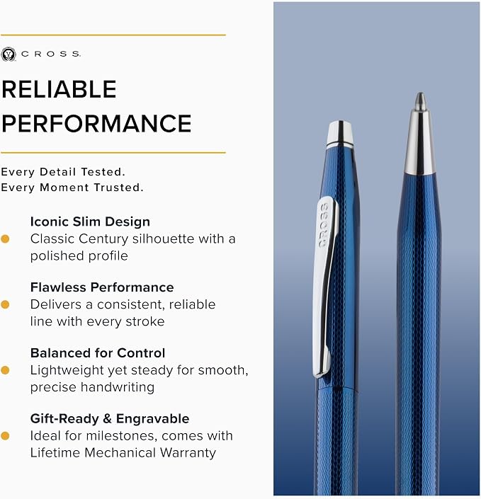 Cross Classic Century Translucent Cobalt Blue Engraved Diamond Pattern Ballpoint Pen - Refillable Pen for Effortless Writing - Black Ink - Durable Construction - Premier Distinctive Look