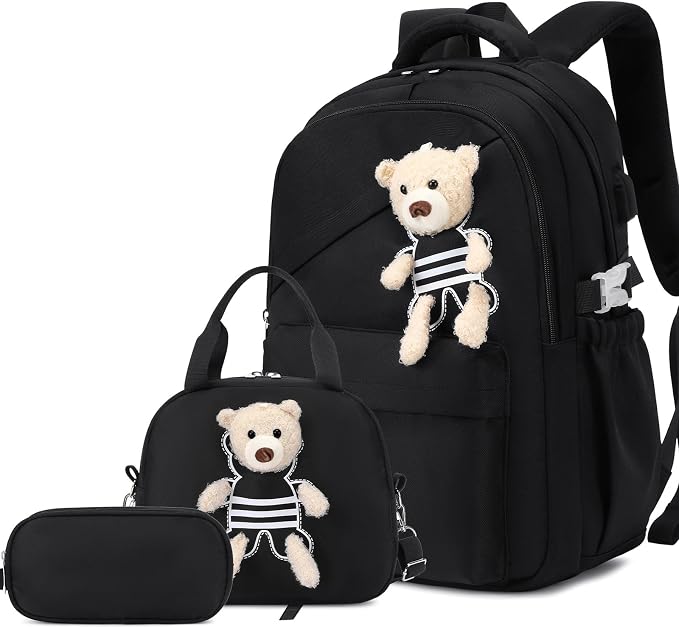 ACESAK School Backpack for Girls - 3 PCS Cute Girls Backpack with Lunch Box & Pencil Case - Kawaii Casual Kids Bookbag School Bag Daypacks Set for Elementary Middle High School Student Teens (Black)