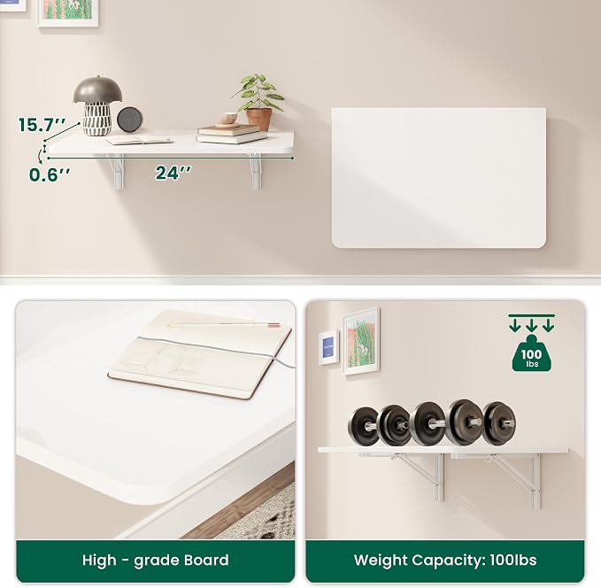 Dogsky Wall Mounted Folding Table (24x15.7 in) - 100LB Capacity Heavy Duty Wall Floating Desk, Space-Saving Workbench for Home Office, Laundry Room & Kitchen, White