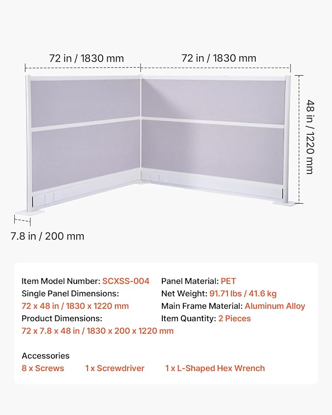 VEVOR Office Divider Privacy Partitions, 2-Pack, 72" x 48" Room Divider Walls, PET Workstation Cubicle Partition with Outlet Covers, Freestanding Privacy Panels for Office Library School