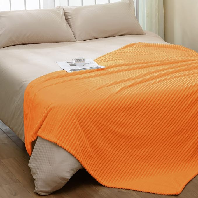 Vessia Flannel Fleece Striped Bed Blanket Twin Size(60x80inch), 300GSM Microfiber Light Orange Comfy Decor, Soft Warm Cozy Lightweight Ribbed Blanket for All-Season