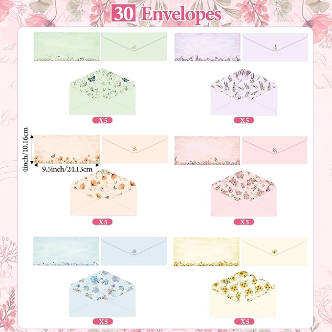 Funrous 90 Pcs Stationary Paper and Envelopes Set, 60 Sheets Floral Letter Paper and 30 Envelopes, 8.5 x 11 Inch Lined Writing Sheet for Mother's Day Wedding Religious Spring Party Invitation Gift