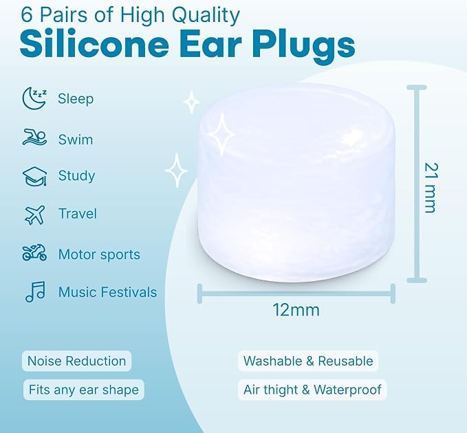 Silicone Ear Plugs for Sleeping [9 Pairs] by Medi Grade - Custom Fit Soft Silicone Ear Plugs that Block Out Snoring 27dB – Noise Reduction Reusable Earbuds - Bonus Travel Cases, Ear Towel, Hair Ties