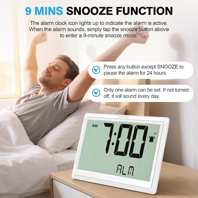 XREXS 10.4 Inch Digital Wall Clock Battery Operated Large Display Clock | Digital Calendar with Indoor Temperature/Humidity/Date/Day, Auto DST for Classroom, Livingroom, Office(No Backlight)(White)