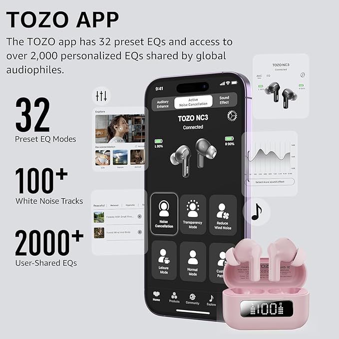 TOZO Hybrid Active Noise Cancelling Wireless Earbuds with 6 Mics AI Clear Call Ear Buds 68H Playtime with LED Display 32 Preset EQs via APP Bluetooth 5.3 IPX8 Waterproof in Ear Headphones