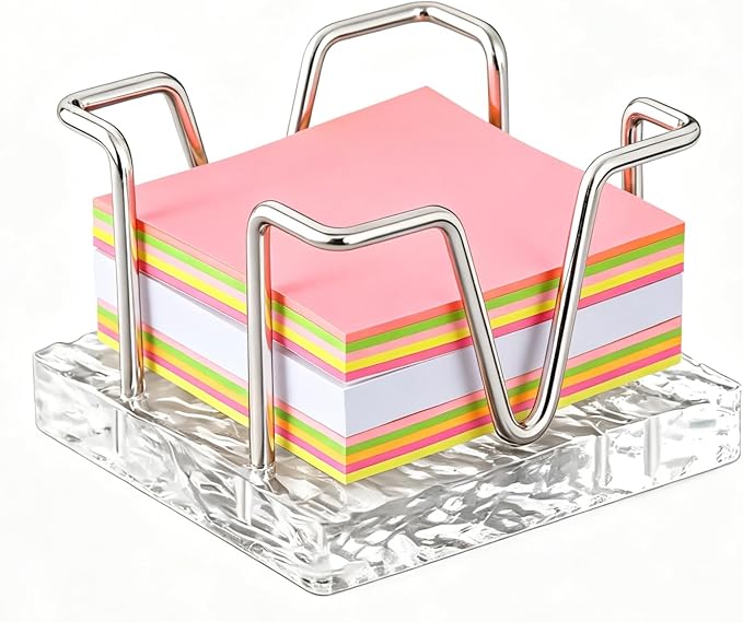 Sticky Note Holder, 3 x 3 inch Self Stick Note Pad Holder, Post It Note Dispenser Desk Accessories for School and Office Desk Organizer, Silver & Clear Acrylic