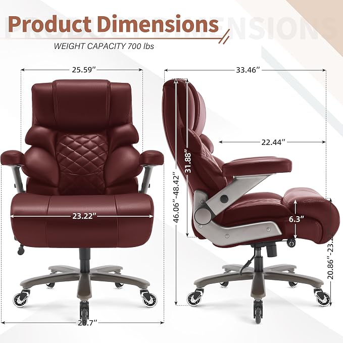 VUZI 700lbs Big and Tall Office Chair, Large Executive Leather Desk Chair | Adjustable Lumbar Support for Back Pain, Plus Size Wheels, 3D Flip Arms, Heavy Duty Metal Base, Wide Seat Computer Chair