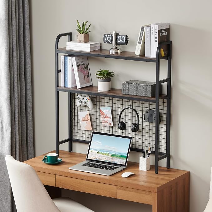 Desk Shelf, 36.8” Desktop Organizer Shelf with Grid Panel and Hooks, Desk Hutch for Computer Monitor, 2 Tier Desk Display Rack Wood Desktop Bookshelf Storage for Home Office Dorm