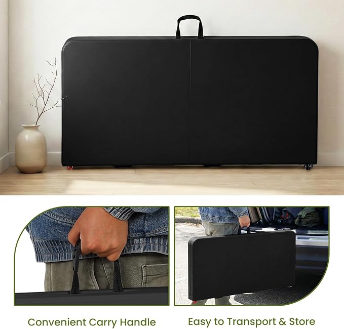 FDW 34" Square Plastic Folding Card Table, Portable Fold-in-Half Plastic Picnic Party Table with Carrying Handle, Black