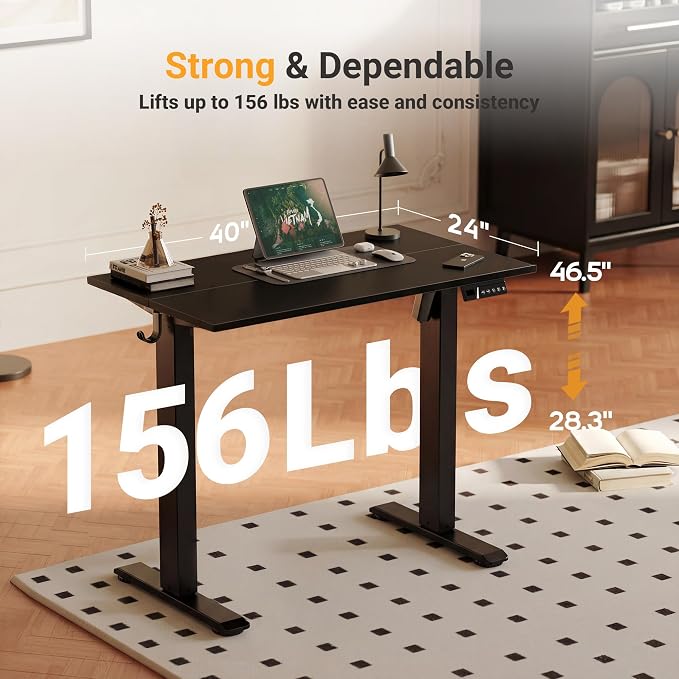 YDN Electric Standing Desk, 40x24 Inch, Black | 3 Memory Presets, Cable Management, Adjustable Height, Sit Stand, Computer Workstation, Home Office