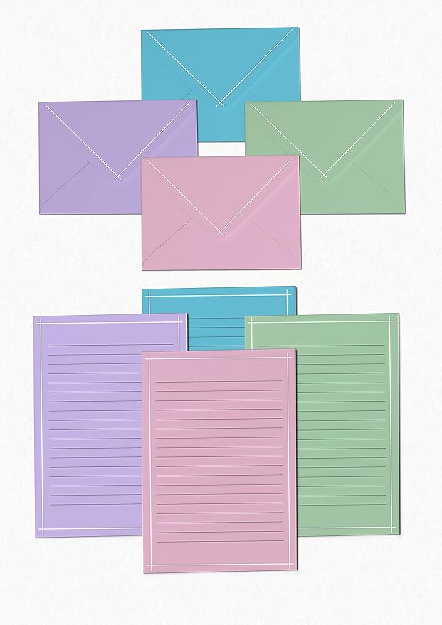 Better Office Products Mini Stationery Set, 100 Piece Set (50 Lined Sheets + 50 Matching Envelopes), 4 Solid Colors, Thin White Border, 5.5 x 8.25 inch, Double Sided Printing, One Side Lined Paper,