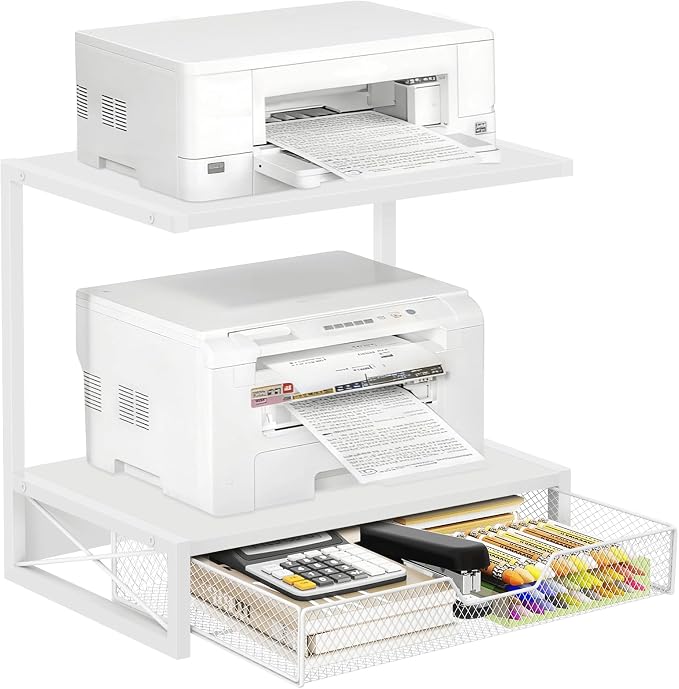 ELITEROO Printer Stand for Desk with Storage Drawer, 2 Tier Desk Shelf | Wood Desktop Organizer for Home Office, Fits 3D Printer, Scanner, Fax Machine, Books, White