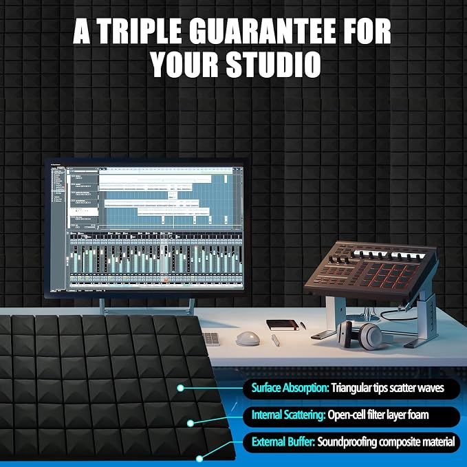 4 Pack Acoustic Foam Panels, 2" x 24" x 48" Sound Proof Foam Panles | High Density Fireproof Sound Proof Wall Tiles, Noise Dampening & Echo Reduction for Recording Studio & Home Office, Black