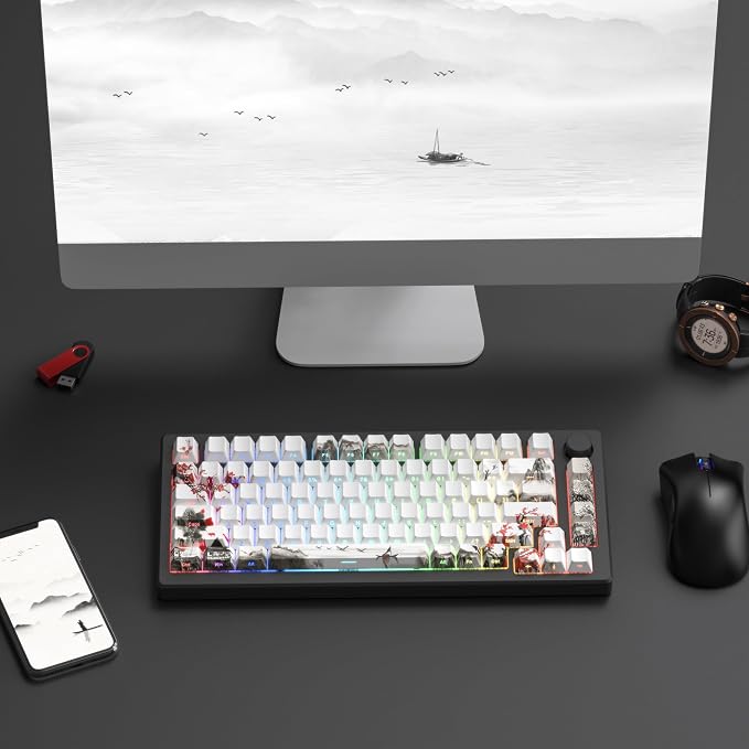 Womier PBT Keycaps Set 130 Keys, Custom White Japanese Keyboard Doubleshot Dye Sub Side Print Shine Through Keycaps 60 65 75 100 Percent, Cherry Profile, Cherry Blossom