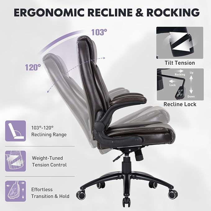 MALOL 300LBS PU Leather High-Back Executive Office Chairs, Heavy Duty Home Ergonomic Computer Chair Flip-Up Armrests & Reclining Backrest, Brown
