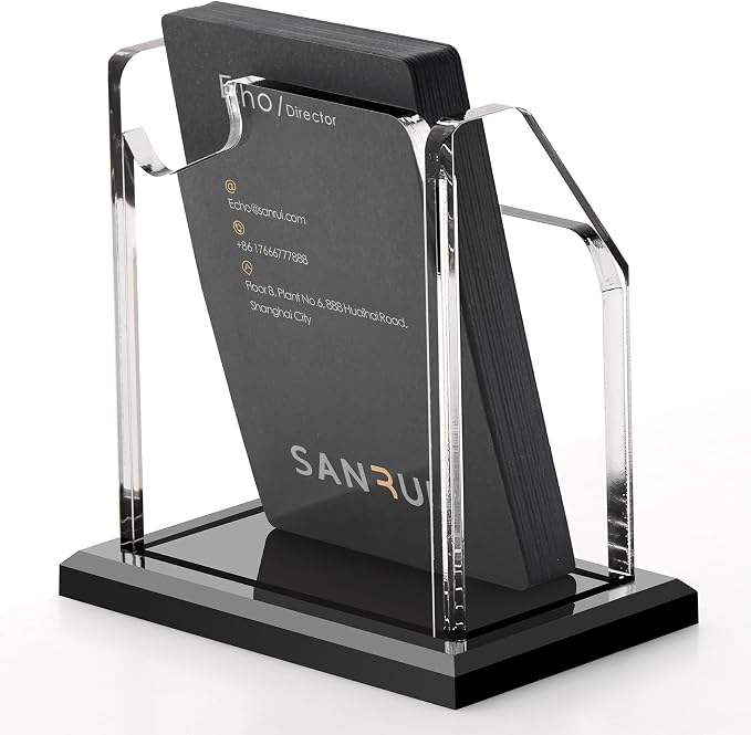 SANRUI Vertical Business Card Holder for Desk, 1-Slot Black Base | Holds 60 cards, professional desktop display stand for office reception & trade shows, ideal for gift card name card
