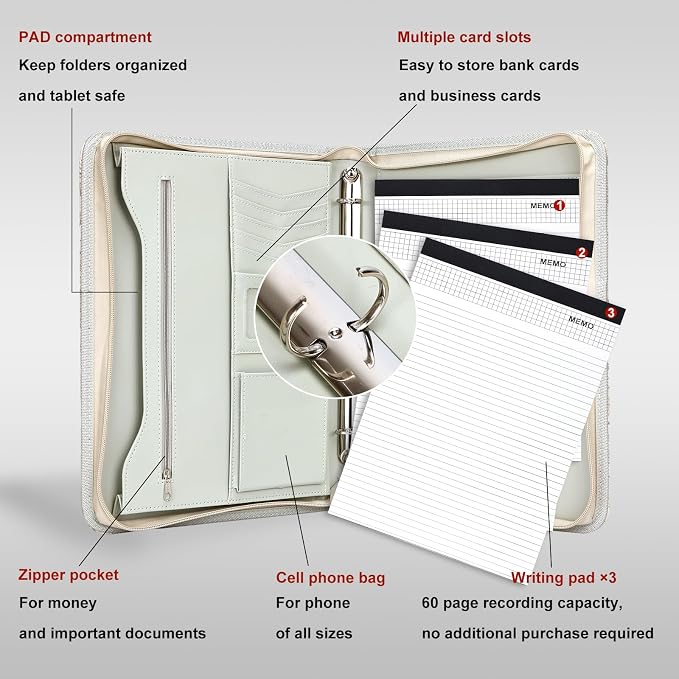Leathario Portfolio Binder, Includes 5 Folder Index Dividers and 3 Notepads, 3-Ring Folder Organizer, Padfolio with Zipper, Vegan Leather Tablet Sleeve, Business Office Conference Clipboards