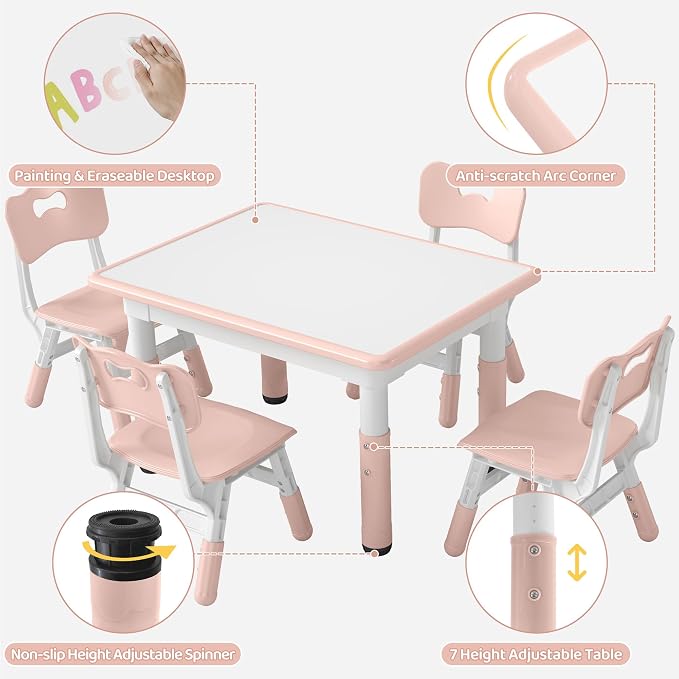 DOREROOM Adjustable Kids Table & 4 Chairs Set, 31.5" L x 23.6" W, Pink | Graffiti Desktop,Table Supports 300 lbs,Toddler Ages 2-8，FSC-certified, Children Activity Table for Daycare, Classroom, Home