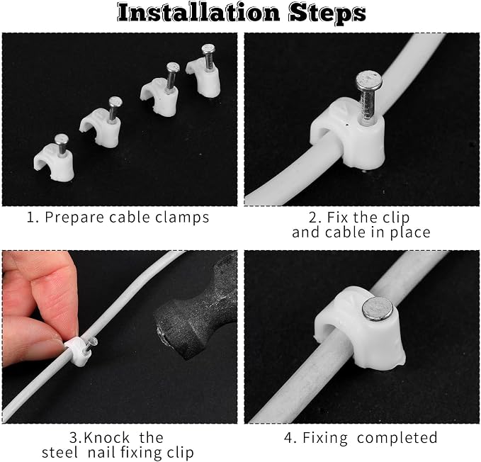 Andibro 100-pack Cable Clips with Steel Nails, 4mm Wire Wall Clips Cable Clip Nail Cables Wire's Cord Management Clip for Wires Ethernet Telephone Home Desk TV Wire Computer(Fit wires Dia.≤ 4mm)