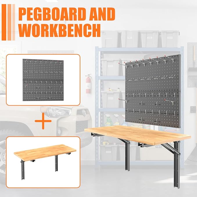 TORACK Wall Folding Workbench with Pegboard Kit, Space-Saving Collapsible Wall Table/Desk for Garage Workshop, Holds Up to 550 lbs(Board Size: 47.25 x 22.75 in)