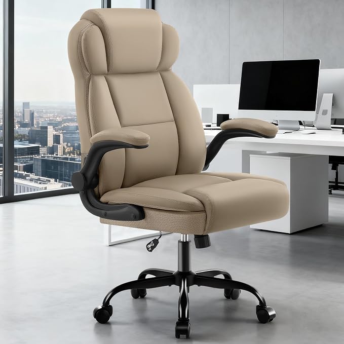 AreShark Ergonomic Office Chair with High Back Headrest,PU Leather Executive Desk Chair Padded Flip-Up Armrests,Lumbar Support,Swivel Computer Chair for Home Office & Gaming, Khaki