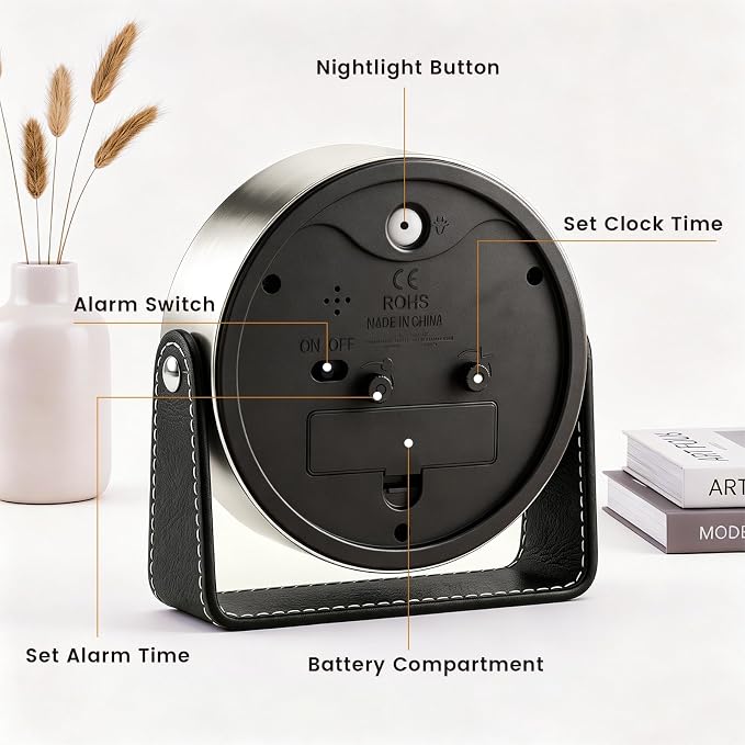 Analog Alarm Clock - 4.5" Silent Non Ticking Small Clock with Light, Rotatable Stand Metal Desk Clock Battery Operated, Simple Design for Living Room Decor/ Bedroom/Bedside/Shelf (Silver & Black)