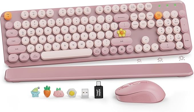 Wireless Keyboard and Mouse Combo, Round Keycaps, Full-Size Typewriter-Style Keyboard with Detachable Wrist Rest, Tilt Legs & 3-Level DPI Mouse, 2.4GHz Cordless for Windows PC/Laptop (Dusty Rose)