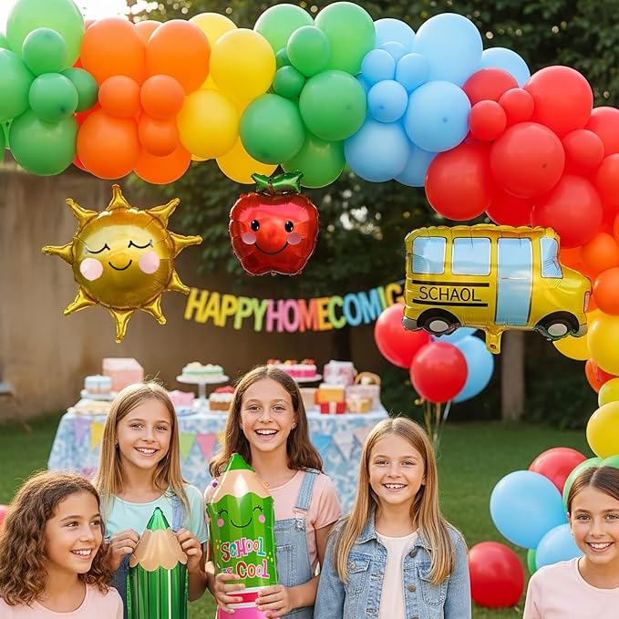 Preschool graduation party decorations Kit with cartoon Theme primary color Balloon and ABC123 Box rainbow sun apple balloon for kid Sesame Friends birthday Kindergarten pre k back to school supplies