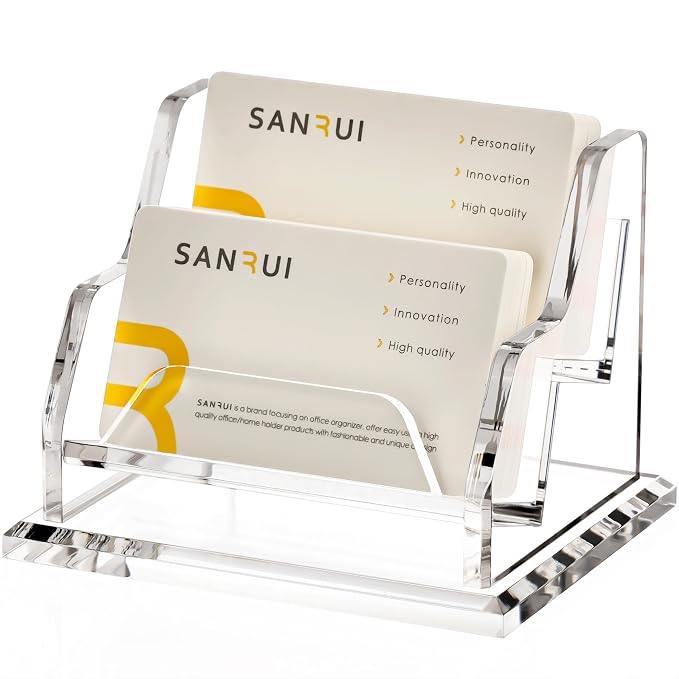 YUXUN Business Card Holder for Desk, Acrylic Business Card Display Stand with 2 Slot, Office Desk Accessories for Man &Woman,100 Cards Capcity, Clear