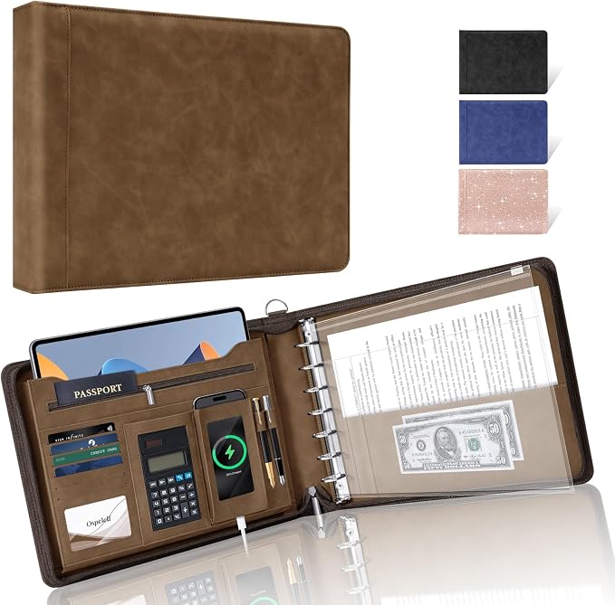 Ospelelf Brown Zippered 7 Ring Check Binder for Business Checks (9" x 13"), 1 Inch Faux Leather Checkbook Portfolio with Zipper Pouch, Professional Binder for Organizer Accountants, Home Use
