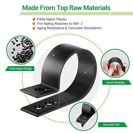 300PCS Nylon R-Type Cable Clips for Cable Management with M4 Screw, 6 Sizes | Good Ductility, Fireproof, 6 Sizes (3/16'' 1/4'' 3/8'' 1/2'' 3/4'' 1''), 150pcs M4 Black Screws, for TV/PC/AC Cables & Wires