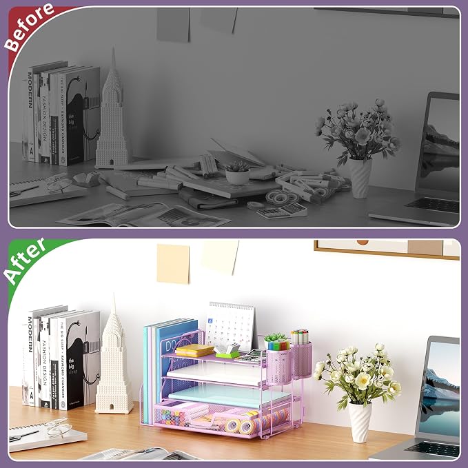 Marbrasse 4-Tier Paper Tray Organizer with Drawer and Pen Holder, Purple | Metal Mesh Desk Organizer, Built-in Drawer & 2 Pen Slots, fits letters/Files, for School Home Office Supplies