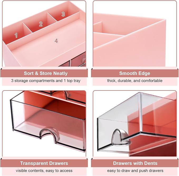 Meiikun Desk Organizer, Office Organizer with Drawer, Desk Accessories & Workspace Organizers, Pen Holder Office Supplies for Desk (4 Drawers+4 Compartments, Pink)