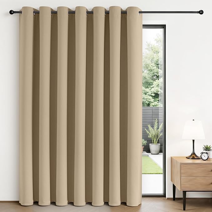 Joydeco Blackout Patio Sliding Door Curtains 108 Inches Long, Grommet Privacy Room Divider Curtains, Extra Wide Thermal Blackout Drapes for Bedroom Living Room (Light Beige, 70Wx108L, 1 Panel)