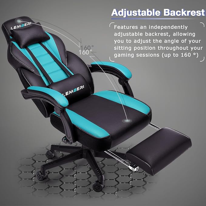 LEMBERI Big and Tall Gaming Chair 400lb Capacity, Heavy-Duty Office Chair with Reinforced Footrest, Wide Seat High Back PC Desk Chair with Linkage Armrests, Thickened Steel Frame, PU Leather, Blue