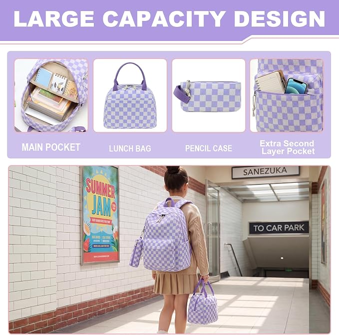 LEDAOU Kids Backpack for Girls Backpacks with Lunch Box, Lightweight Bookbag Set Elementary Middle School Back pack for 8-14