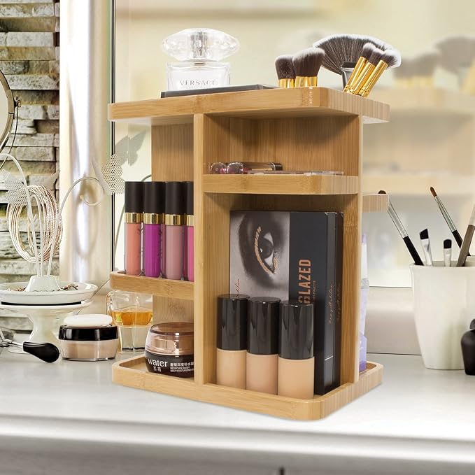Sorbus 360° Makeup Organizer - Bamboo Wood Make Up Storage Carousel for Cosmetics, Skin Care Rotating Makeup Organizer for Vanity, Bathroom Storage