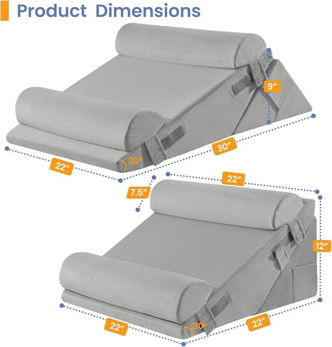 Sasttie Adjustable Wedge Pillow Set for After Surgery, Velvet - Light Grey | 2PCS Bed Wedge Pillow Headboard with Memory Foam Neck Cushion, for Acid Reflux, Sleeping, Neck & Back Support