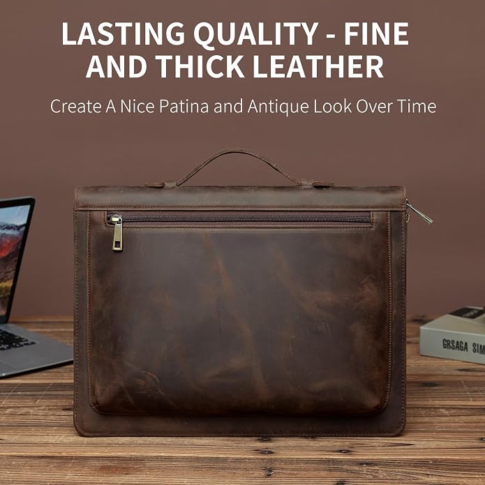 YIWEN Handmade Leather Portfolio with Handle – Zippered Front Pocket, Clip for Letter Size Notepad, Business Travel Padfolio