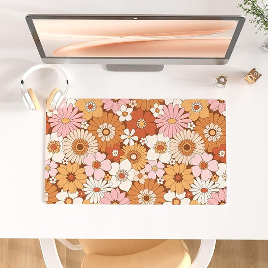 Colorful Star Large Mouse Pad, PU Leather Waterproof Desk Mat, Computer Gaming Mouse Pad, XXL Full Desk Mousepad Non Slip Desk Pad for School Office Home 23.6" x 13.8" - Retro Flowers
