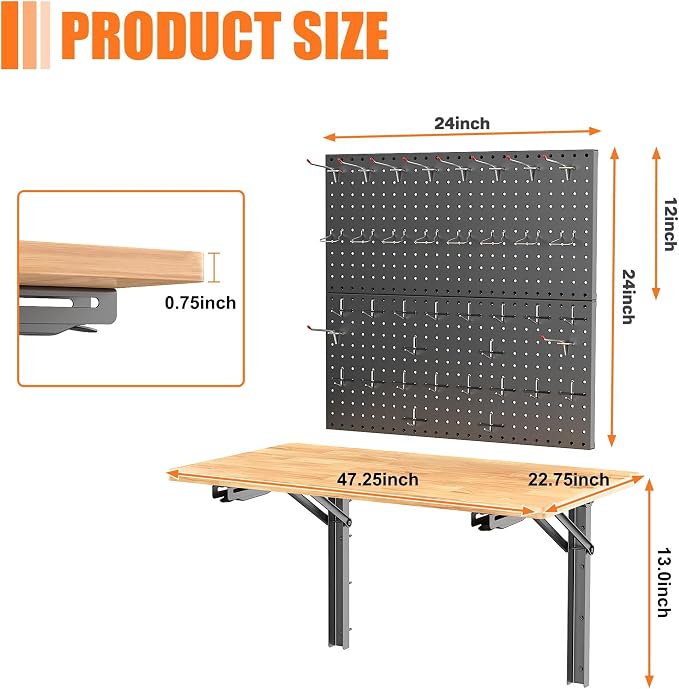 TORACK Wall Folding Workbench with Pegboard Kit, Space-Saving Collapsible Wall Table/Desk for Garage Workshop, Holds Up to 550 lbs(Board Size: 47.25 x 22.75 in)